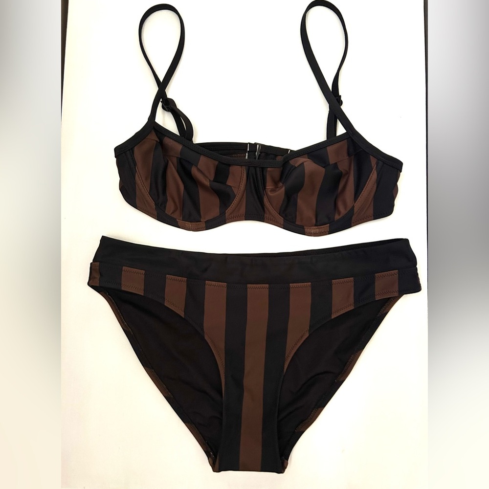 Aerie Black and Brown Retro Striped Bikini